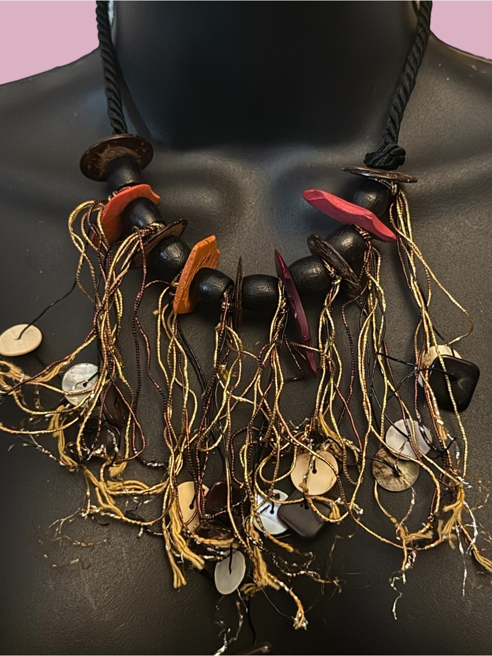 Vintage funky wooden bead/shell chips fringe statement necklace